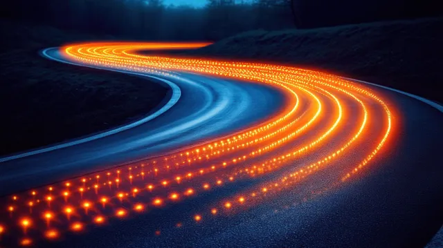 Winding night road with orange light trails and blue reflections from long-exposure traffic