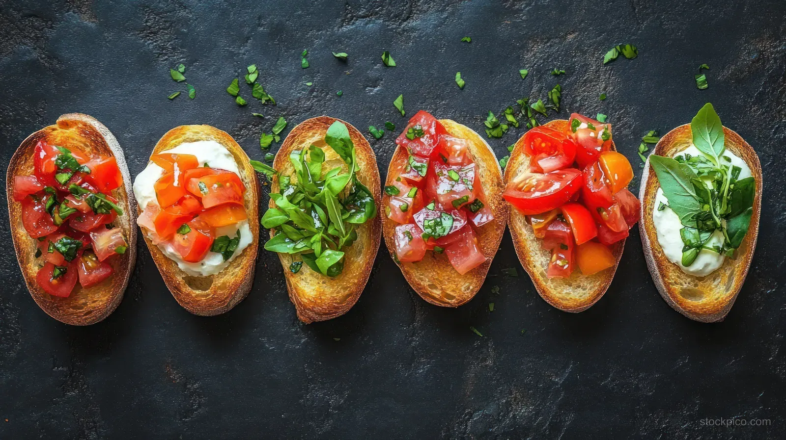 Colorful bruschetta bites on toasted bread placed on dark stone with tomato chunks and basil leaves.