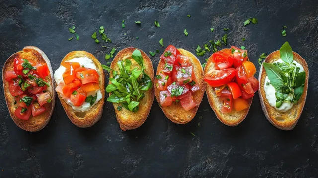 Colorful bruschetta platter arranged on dark stone with basil, tomatoes, and ciabatta slices