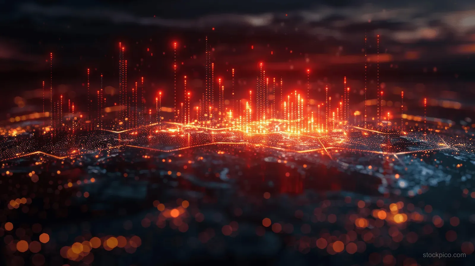 Night city skyline with glowing upward financial chart lines and data points over dark blue light trails.