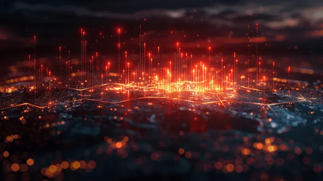 Night city skyline with glowing upward financial chart lines and data points over dark blue light trails.