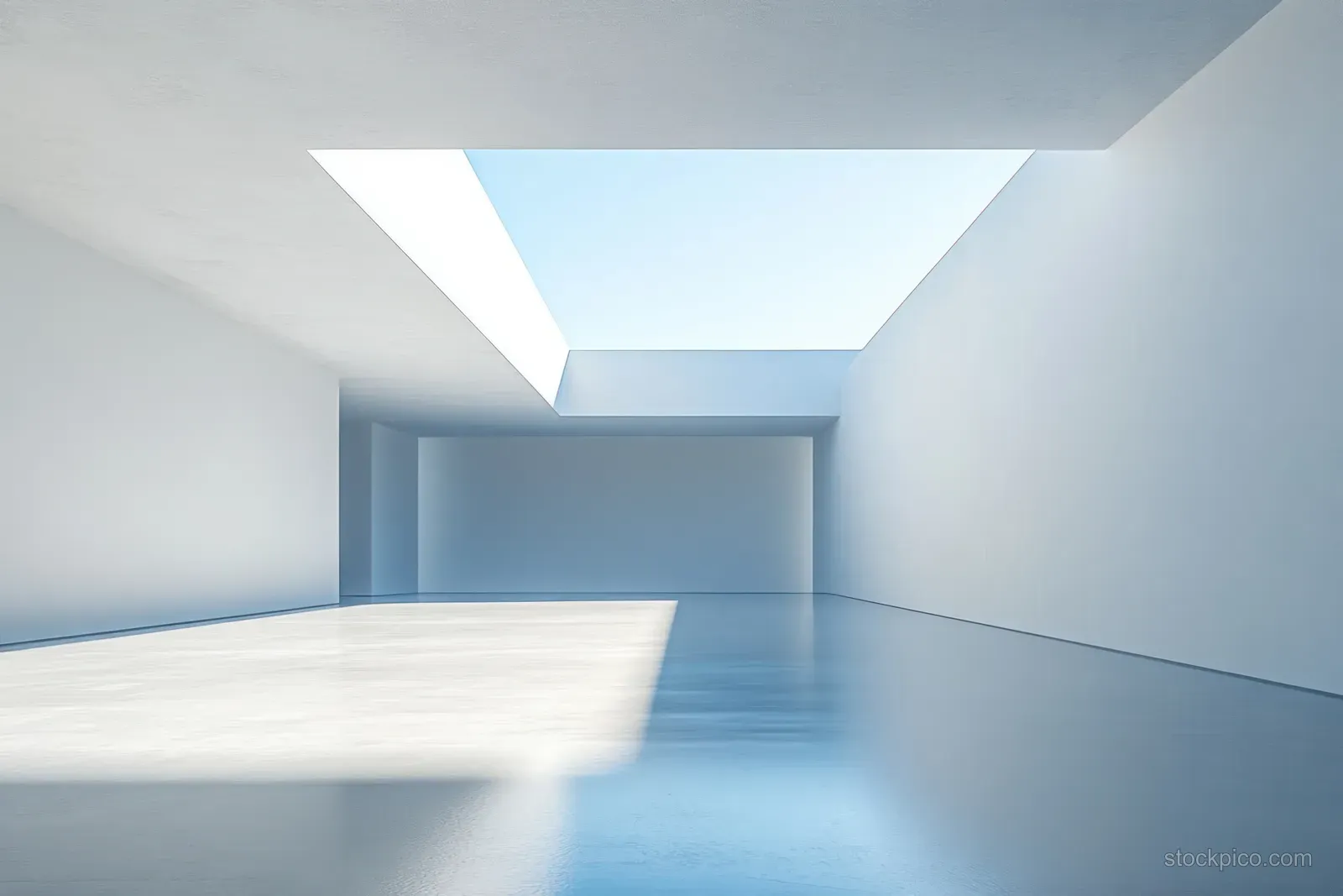 Empty minimalist room with reflective floor and a rectangular skylight casting sunlight and shadows.