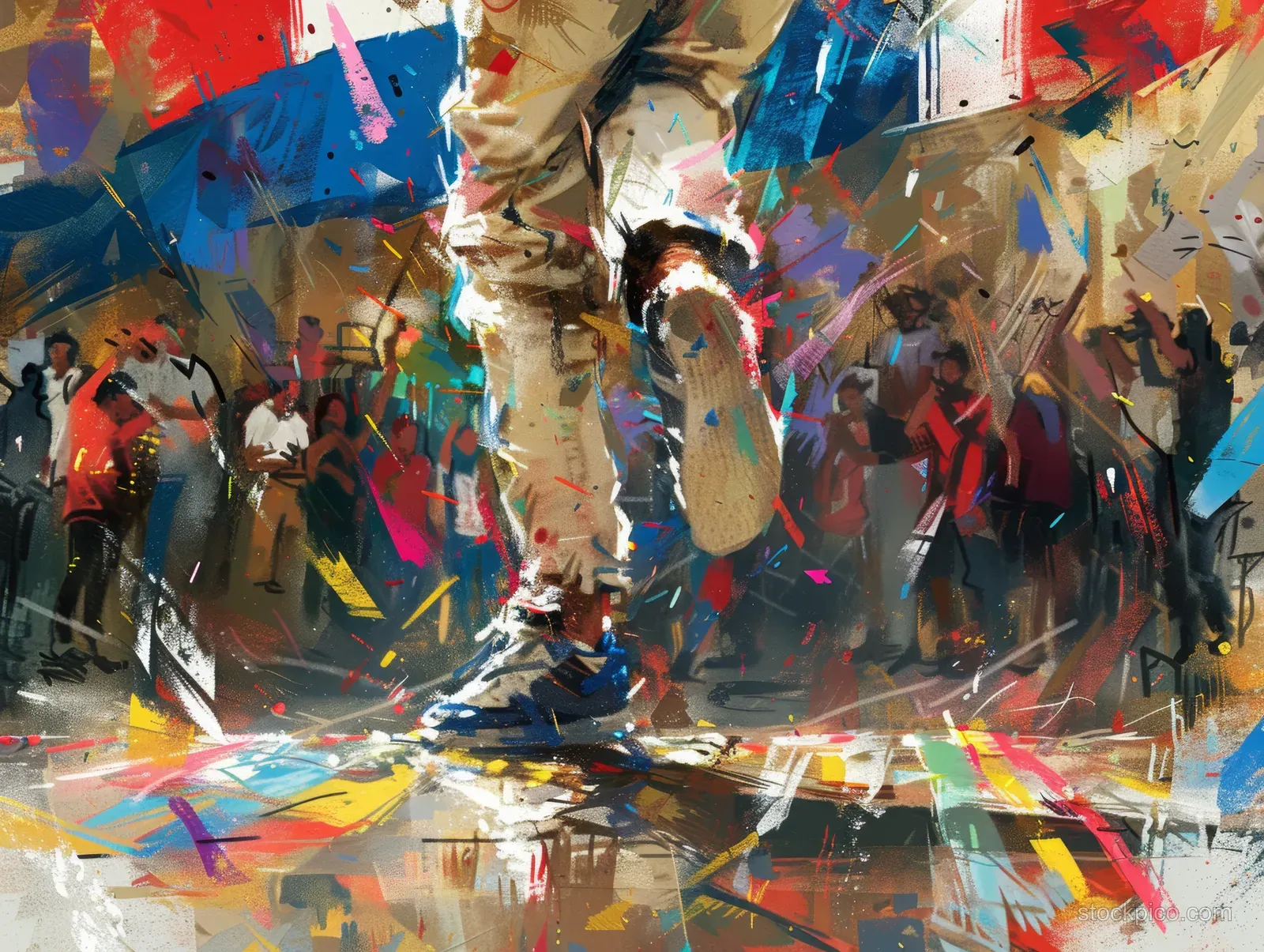 A dancer in mid-spin performs on a graffiti street with a French flag backdrop and a cheering crowd.