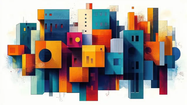 Vibrant abstract cityscape featuring colorful blocks and rectangles in warm oranges and cool blues, evoking modern urban energy.