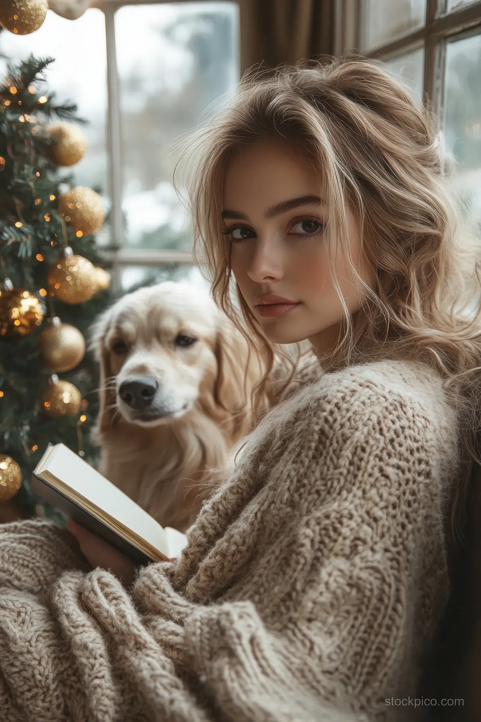 A woman reads a book beside a small Christmas tree while her dog rests near the window.