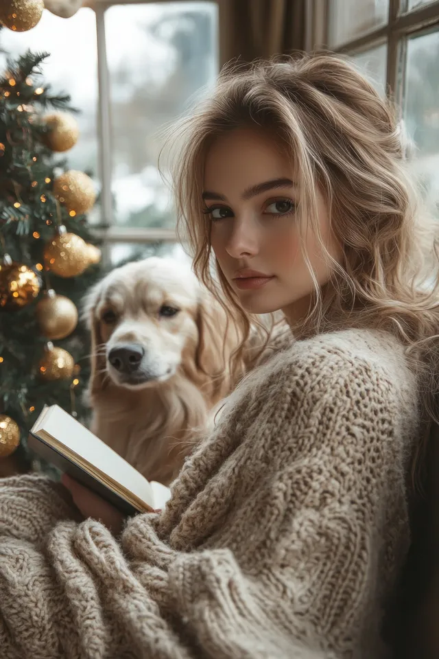 A woman reads a book beside a small Christmas tree while her dog rests near the window.