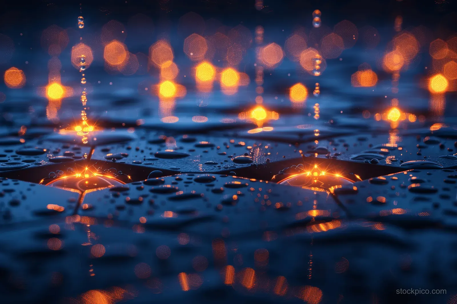 Glowing blue carbon dots in a hexagonal lattice with orange energy sparks and chain-like molecules in a dark sci‑fi lab scene.
