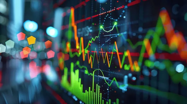 Green arrow climbs over a blurred stock market chart with glowing data lines and bars.