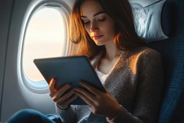 Young woman reading on a tablet by airplane window, warm sunlight on her face