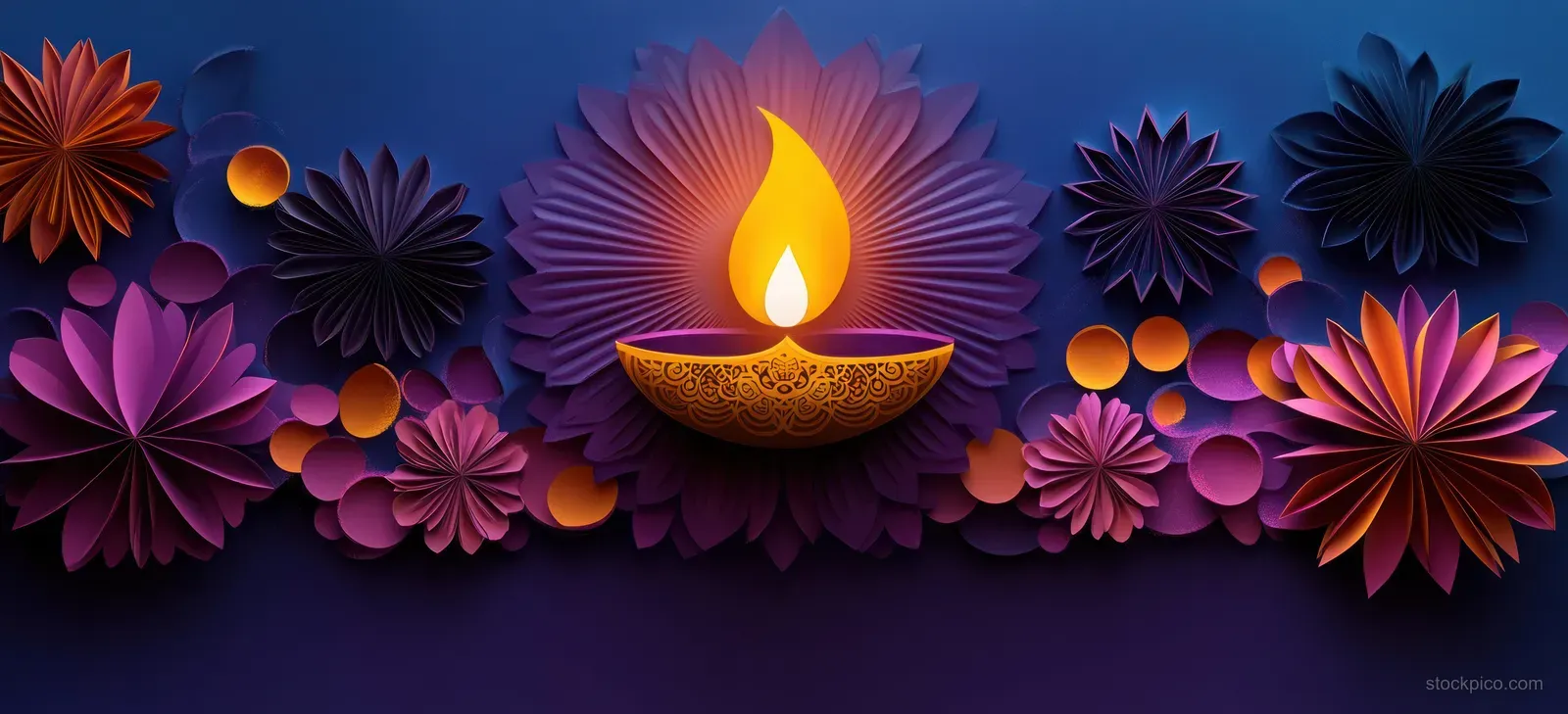 A central diya oil lamp glows surrounded by vibrant paper-cut flowers on a purple mandala background.