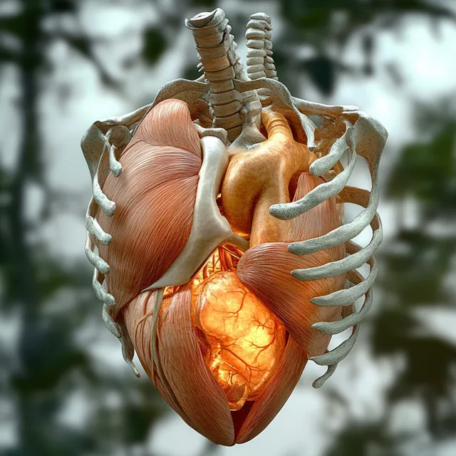 Heart and skeletal ribcage anatomy with glowing muscles in a suspended dynamic composition