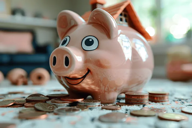 Piggy bank beside scattered coins with a home purchase budget concept