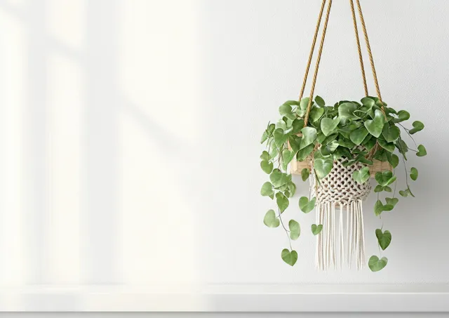 Trailing green plant in a macramé hanging pot sways on a white wall with soft sunlight shadows.
