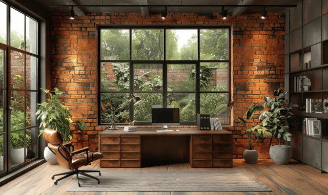 Leather armchairs and desk sit in an industrial brick home office with large windows and warm sunlight.