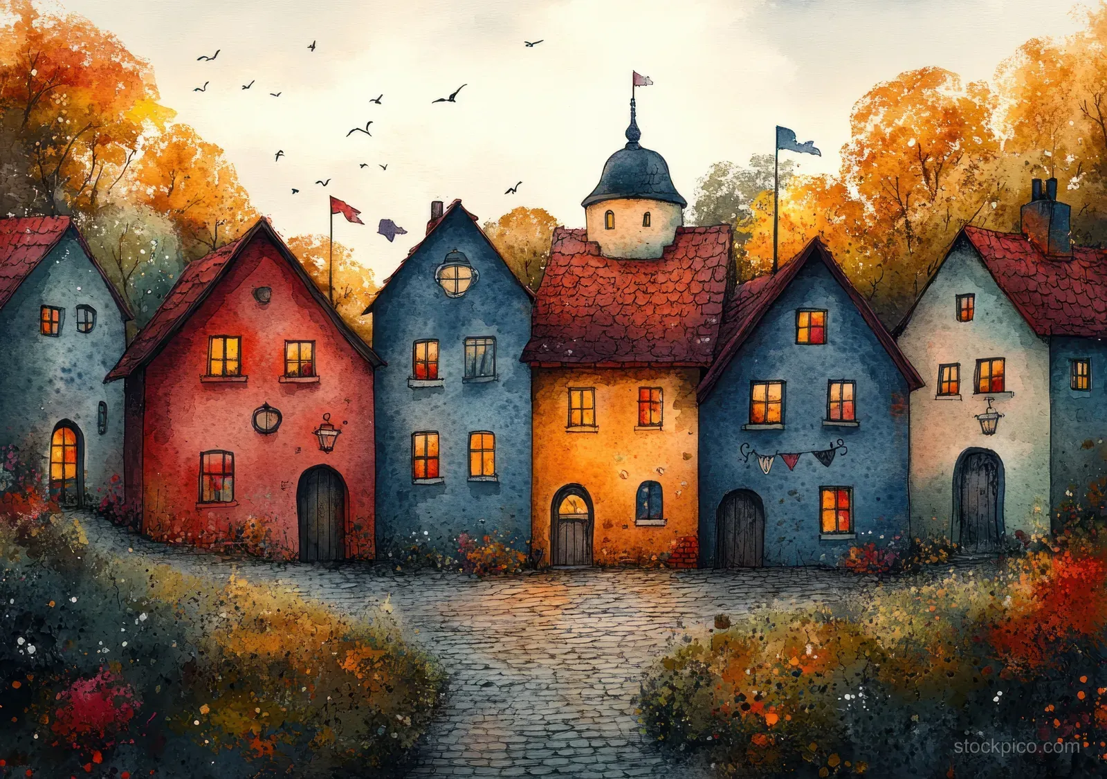 A whimsical watercolor illustration of a colorful fantasy village café with cobblestone streets and a distant lighthouse in autumn light.