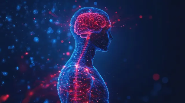 Glowing side-profile human figure with neon brain and nervous system neural network on dark background