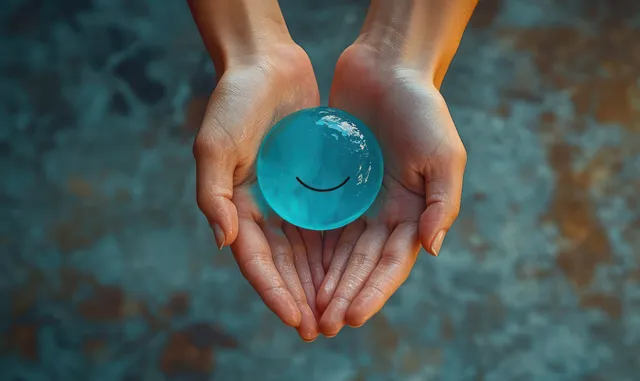 Two cupped hands gently cradle a translucent blue orb with soft reflections against a textured background.