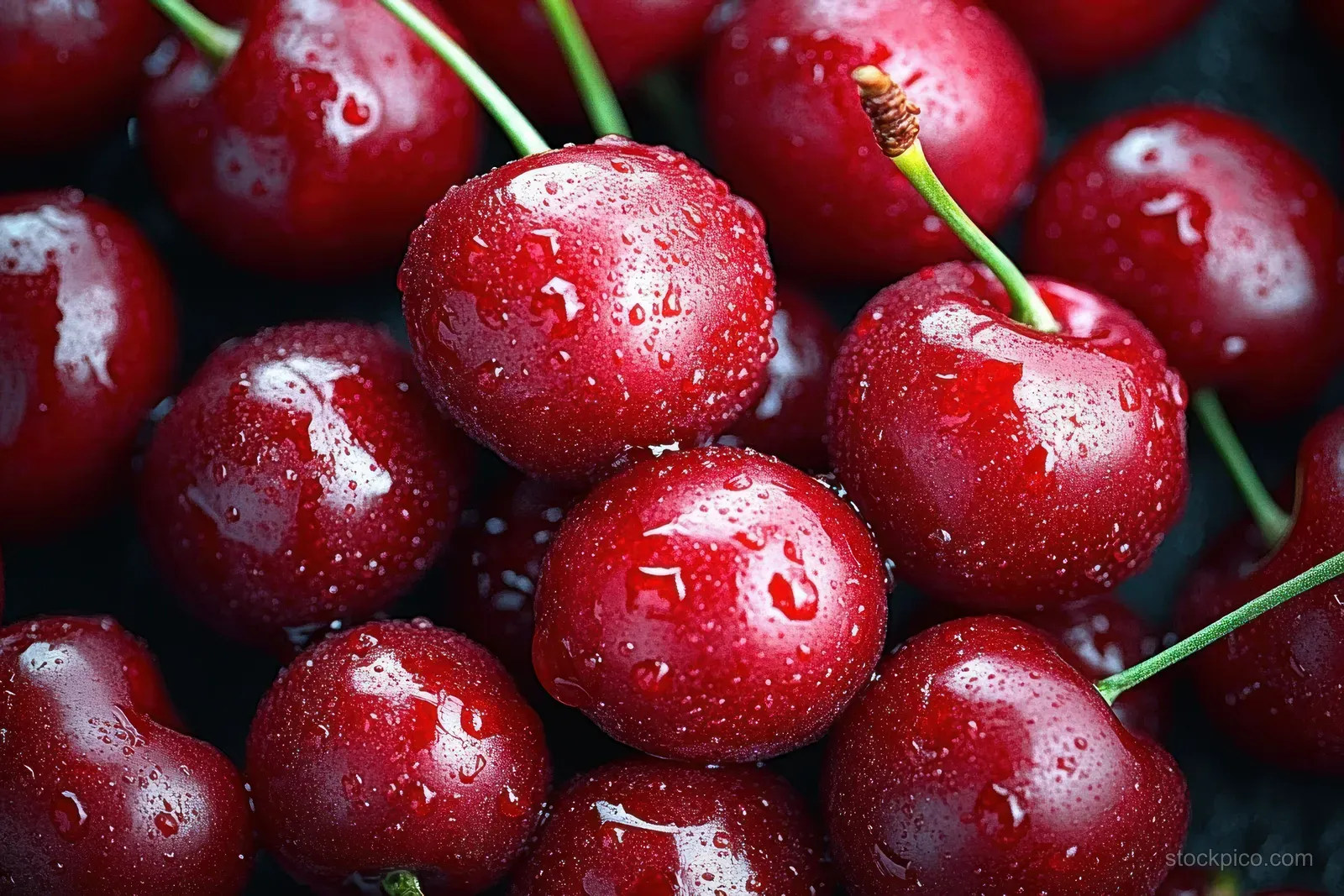 Red cherries with water droplets and visible stems clustered in a tight macro close-up.