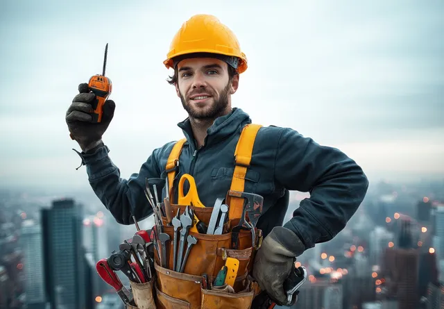 Construction worker in a yellow hard hat raises a hand while holding tools at dusk with a city skyline in the background.