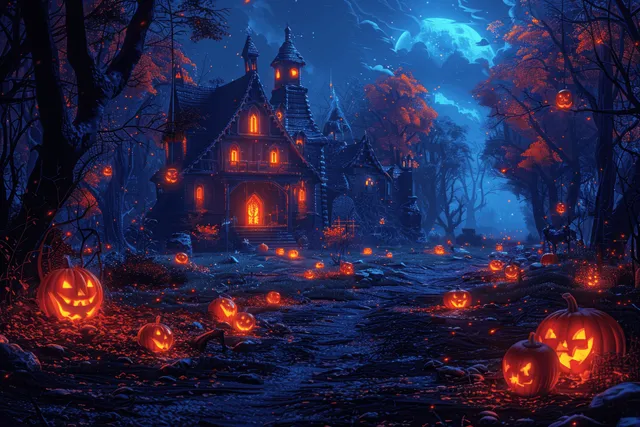 Una casa embrujada brilla detrás de unas calabazas en un bosque oscuro bajo una brillante luna llena.