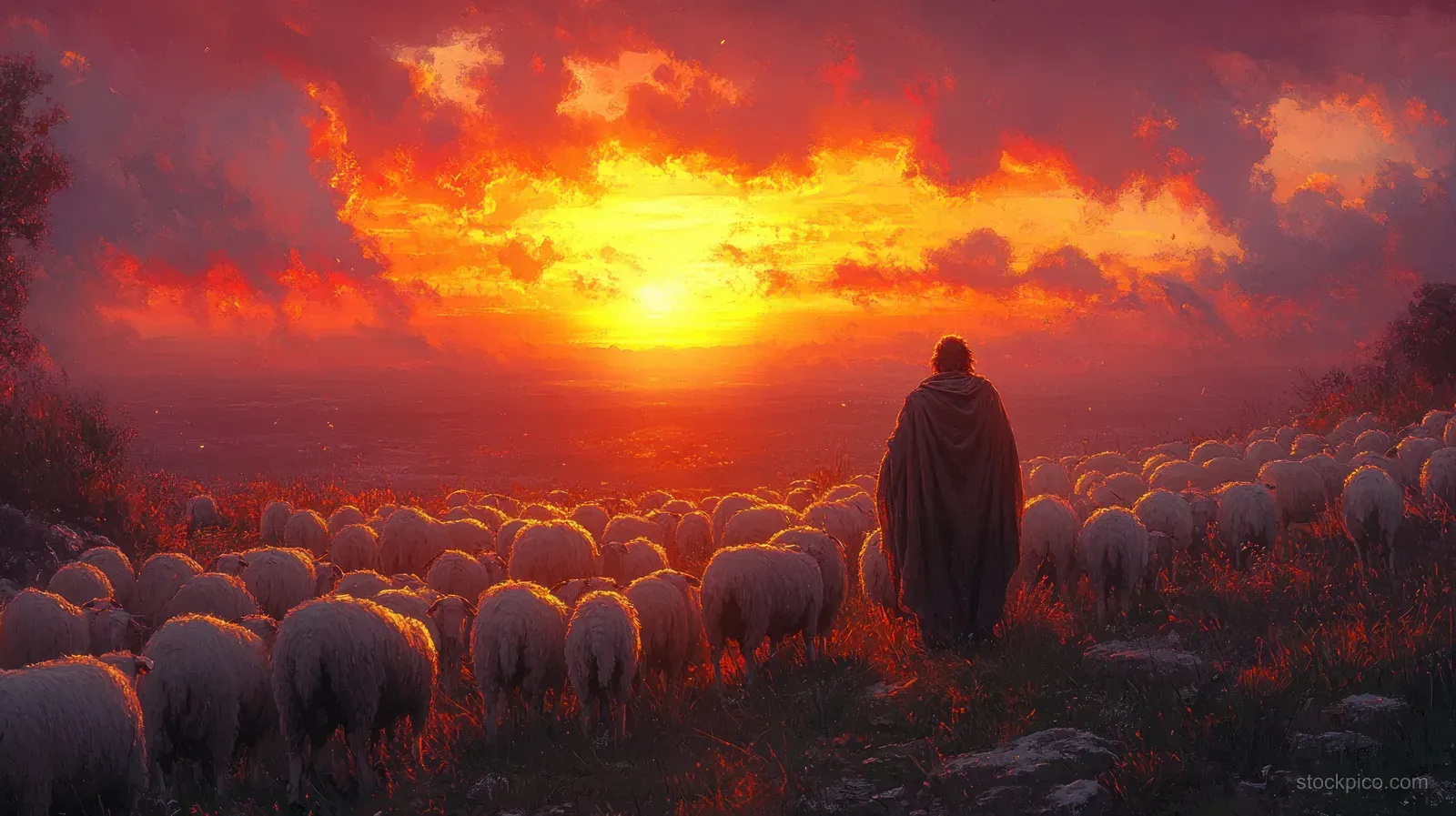A shepherd stands with a flock of sheep at sunset beneath a fiery orange and purple sky.