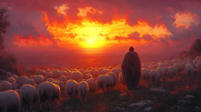 A shepherd stands with a flock of sheep at sunset beneath a fiery orange and purple sky.