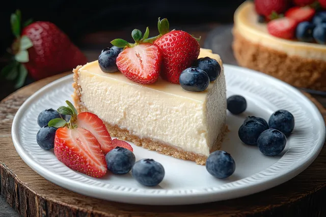 Cheesecake slice with strawberries and blueberries on a white plate, close-up dessert styling