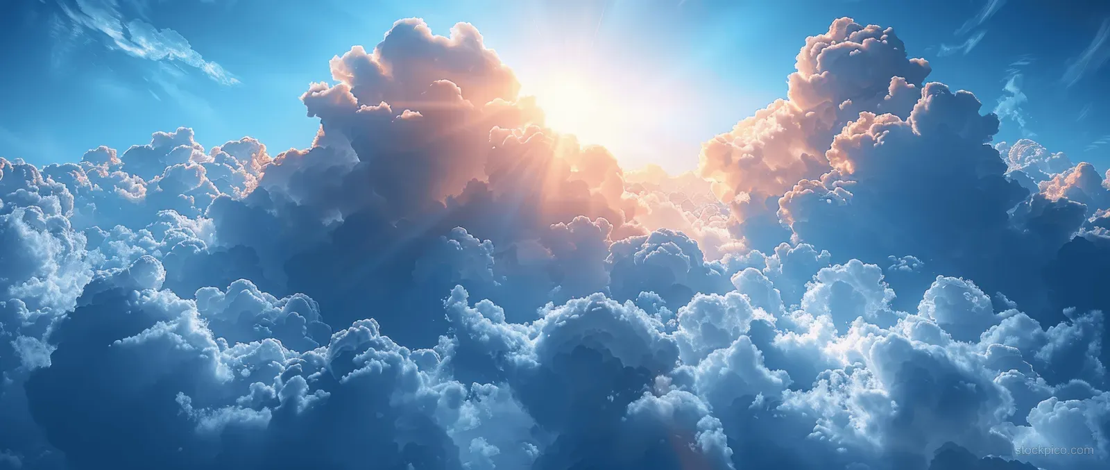 Sunlight shines over towering white clouds in a clear blue sky.