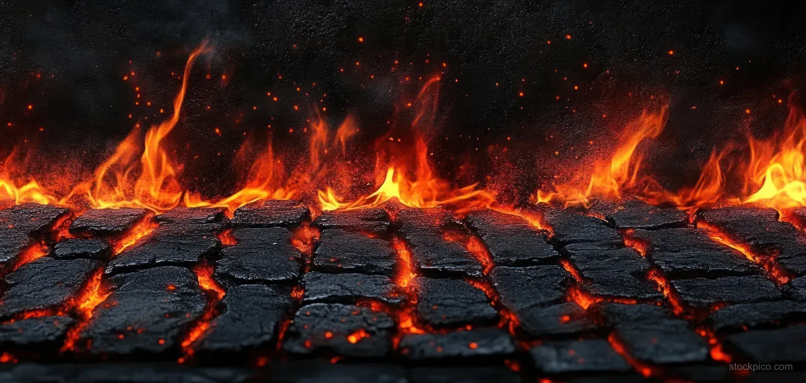 Black charcoal briquettes burn with orange flames and glowing embers, sending sparks upward on a dark background.
