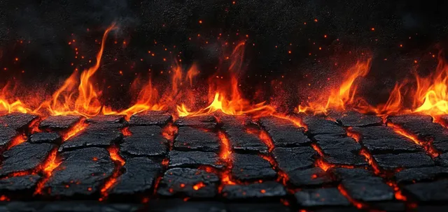 Black charcoal briquettes burn with orange flames and glowing embers, sending sparks upward on a dark background.