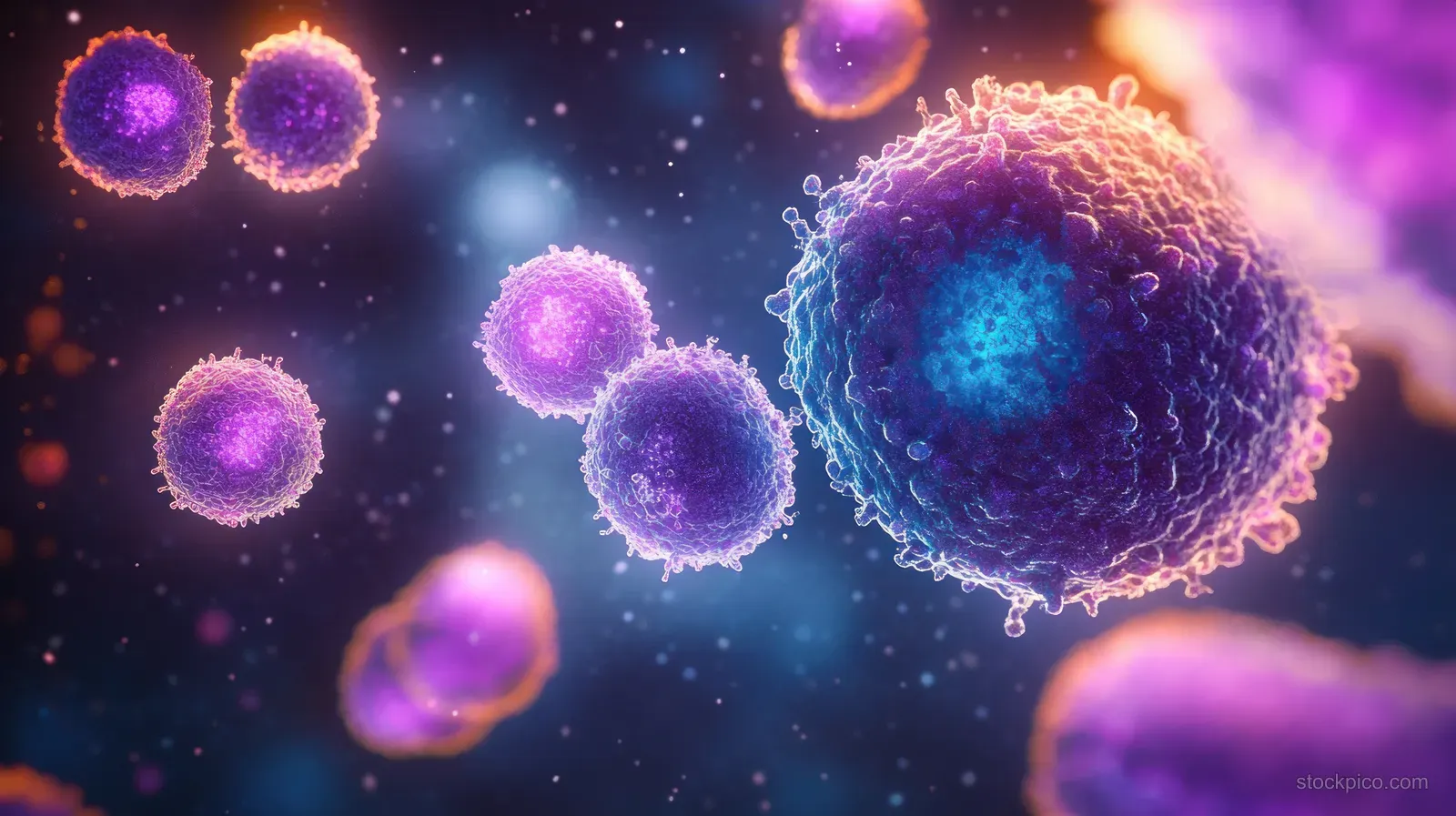 3D virus particles with glowing spheres and a larger infected cell-like structure in a dark microscopic lab scene.