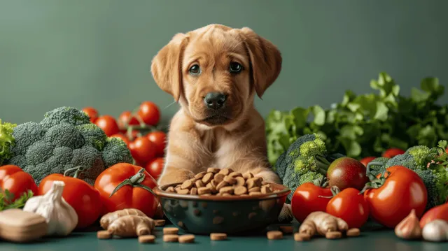 Labrador puppy lying by a dog food bowl with carrots, broccoli, and tomatoes on a green studio backdrop.