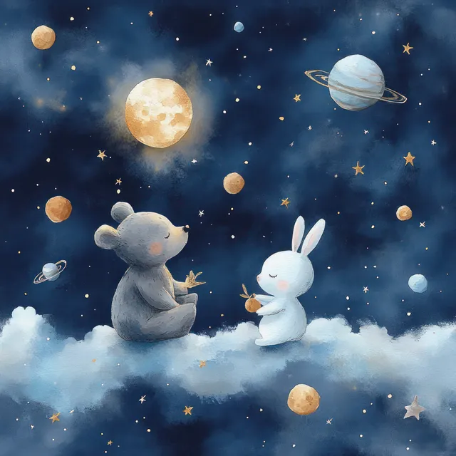 Watercolor bear and rabbit float in dreamy night sky clouds with glowing moon