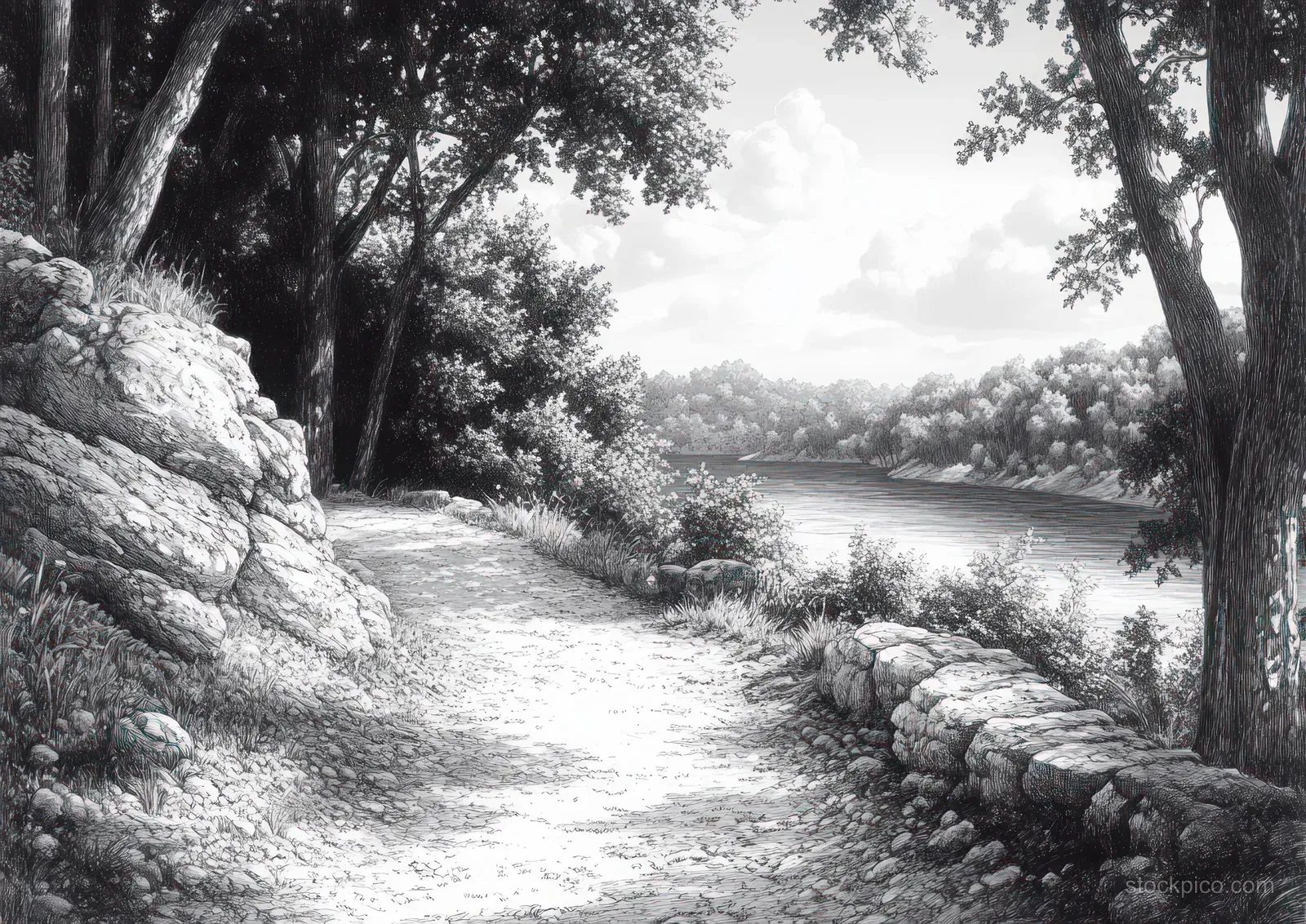 Ink drawing of a winding path by a calm river, framed by leafy trees and rocky borders.