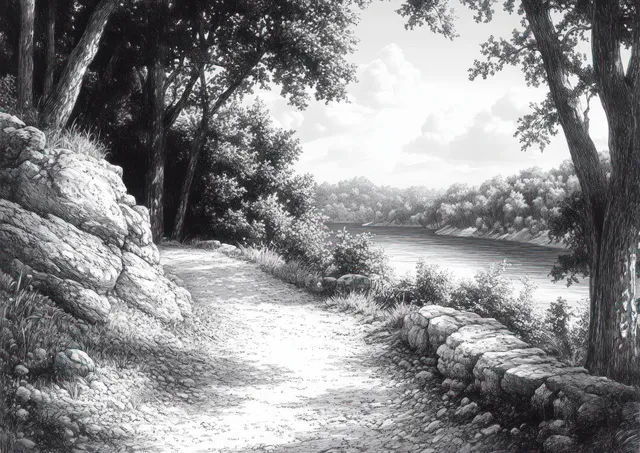 Black and white ink drawing of a garden path beside a calm river under leafy trees