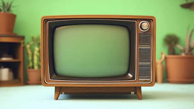 Retro wooden TV with rounded screen and control knob on a light surface in front of blurred green potted plants.