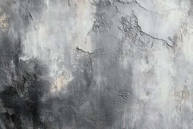 Closeup of a weathered concrete wall with peeling gray paint, cracks, and rough stained patches.