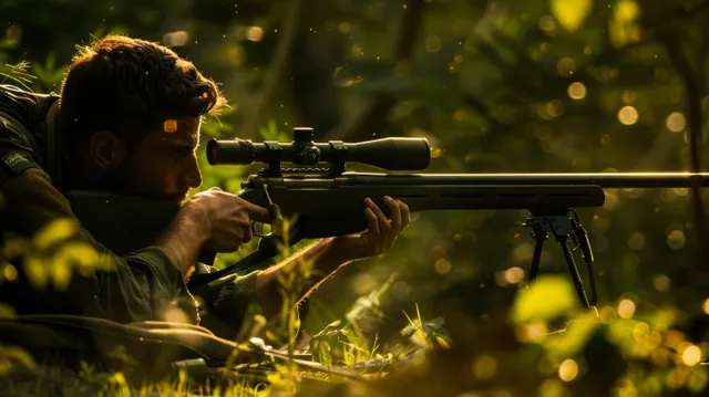 Prone marksman aiming a rifle at targets in a sunlit outdoor shooting range