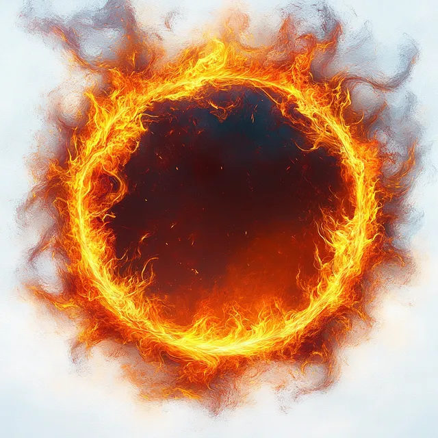 Swirling flame ring of orange and yellow fire on a pale blue background, glowing intensely
