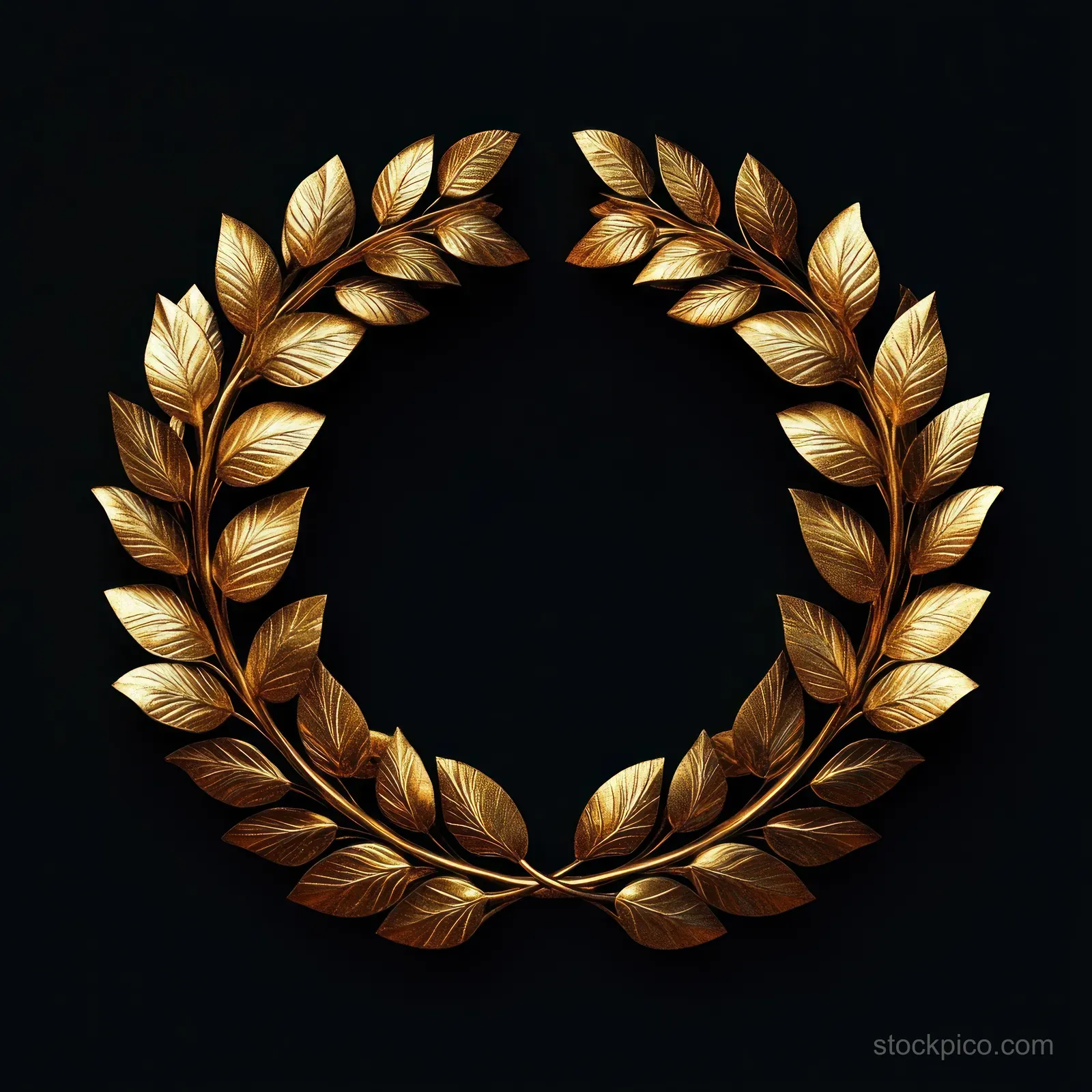 Shiny gold laurel wreath with symmetrical leaf details arranged in a circle on a black background.