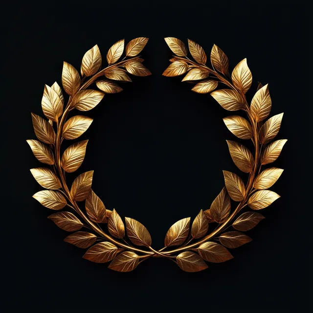 Shiny gold laurel wreath with symmetrical leaf details arranged in a circle on a black background.