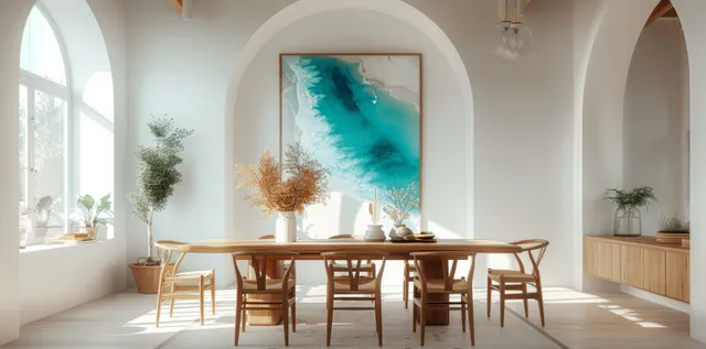 Mediterranean dining room with arched windows, wooden table and chairs, and a turquoise sea painting on white walls.