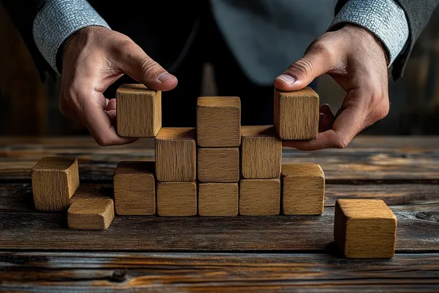 Suited hands push wooden blocks upward to build an ascending staircase of success on a table.