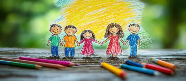 Five smiling kids holding hands in a colorful drawing while crayons lie scattered on a wooden table with a blurred green background.