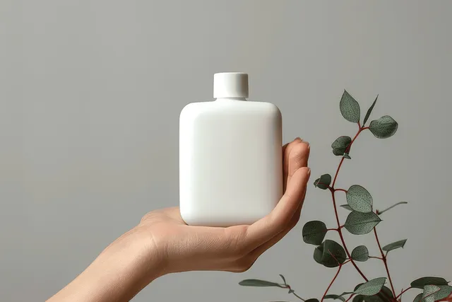 Woman’s hand holds a white square skincare bottle while eucalyptus leaves rest beside it on a gray background.