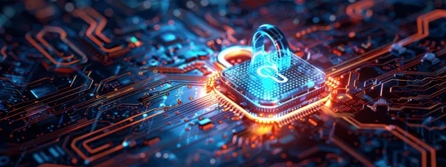 A holographic digital padlock glows over a neon cyber circuit board with data lines around it.