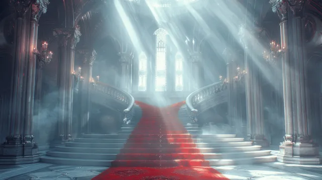 Gothic castle hall with tall columns, marble floor, red velvet runner, and bright light beams from arched windows.