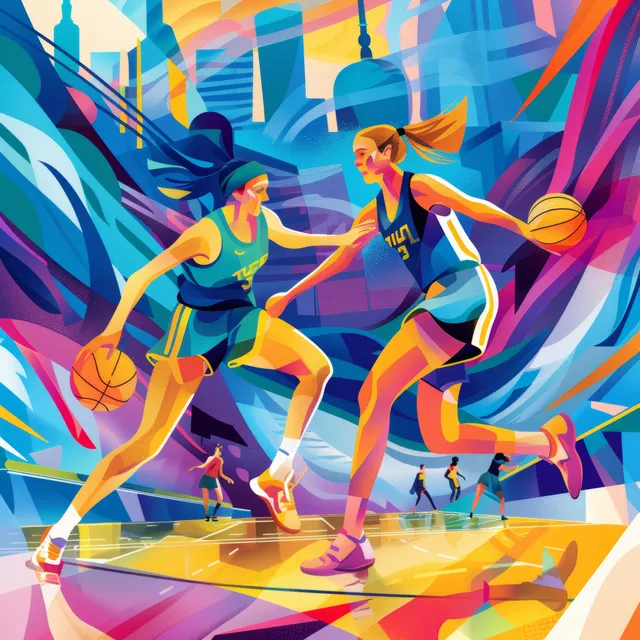 Two Ukrainian women dribble and sprint on an illustrated 3x3 basketball court with colorful city motion lines behind them.