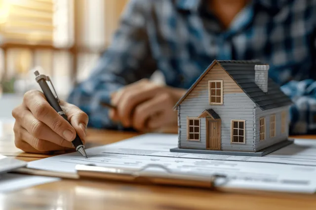 An agent signs a mortgage contract with a model house placed on the desk among documents.