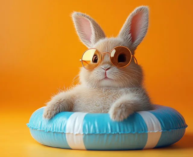 A sunglasses-wearing rabbit lounges inside a blue inflatable ring on a bright orange background.